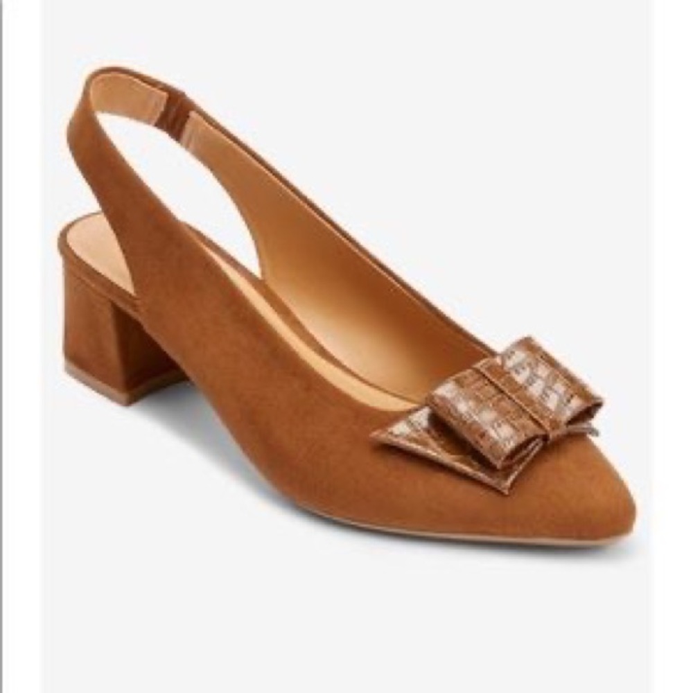 Comfortview Annette Faux Suede Mocha Bow Slingback Point Toe Block Heel Sandals